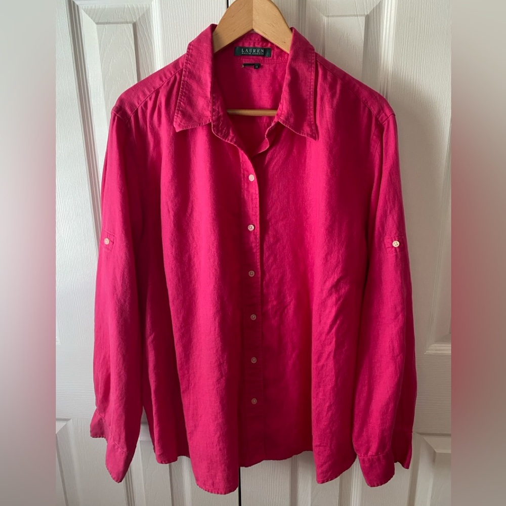 Lauren Ralph Lauren Dark Pink 100% Linen Roll-Tab Sleeve Button Down Shirt SZ 2X